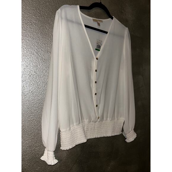 Michael Michael Kors Longsleeve Front Button Smocked Waist Cuffs V-neck Top - Picture 4 of 7